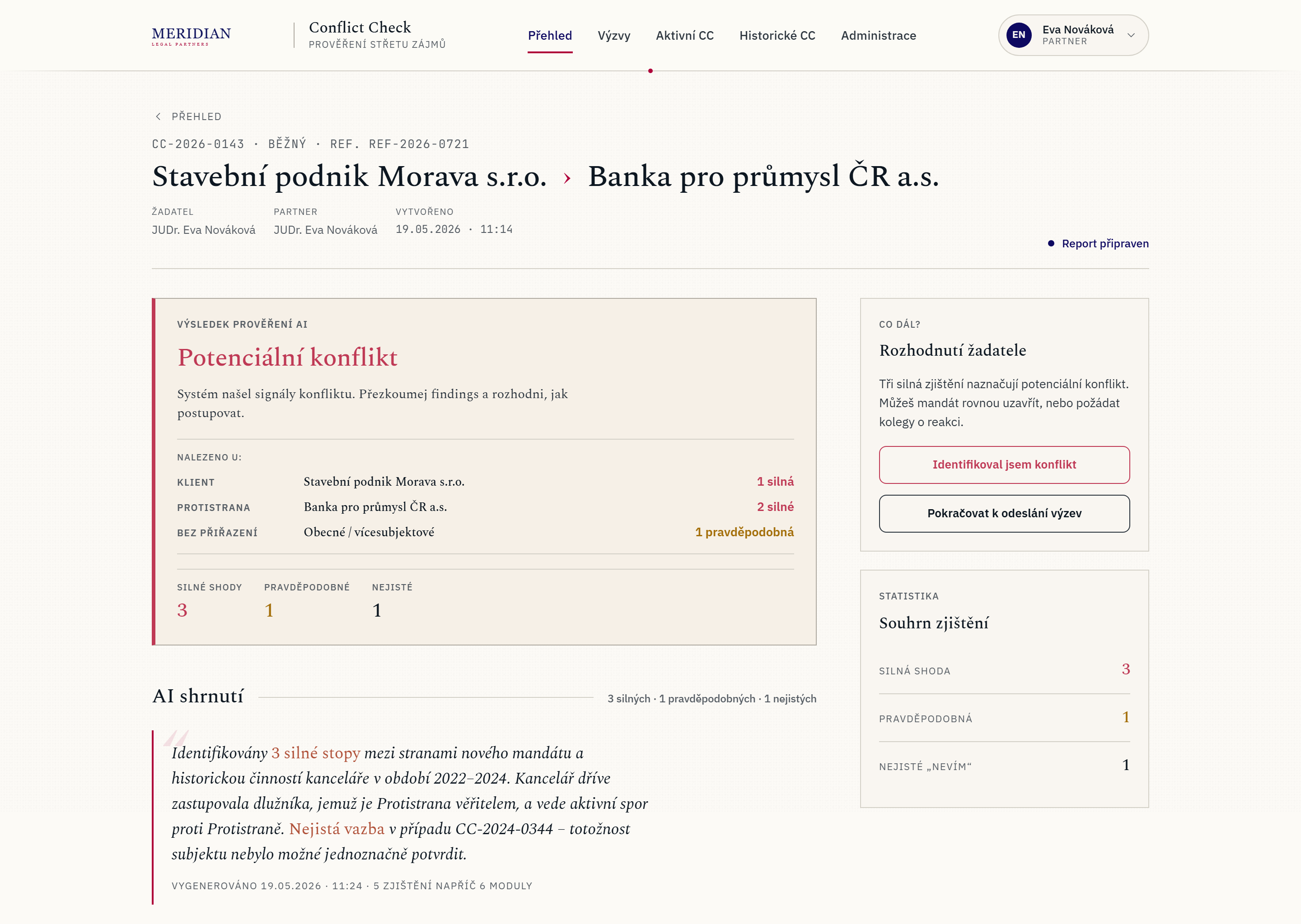 AI výsledek panel s hlavičkou Potenciální konflikt, tabulkou Nalezeno u a Co dál sidebarem s akcemi Identifikoval jsem konflikt / Pokračovat k odeslání výzev.