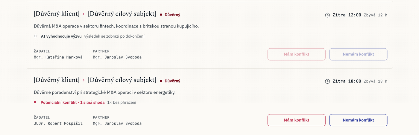 Dvě řádky Výzvy pro mě s [Důvěrný klient] › [Důvěrný cílový subjekt] placeholderem, Důvěrný badgem, různým AI stavem (vyhodnocuje / Potenciální konflikt) a disabled/enabled tlačítky.