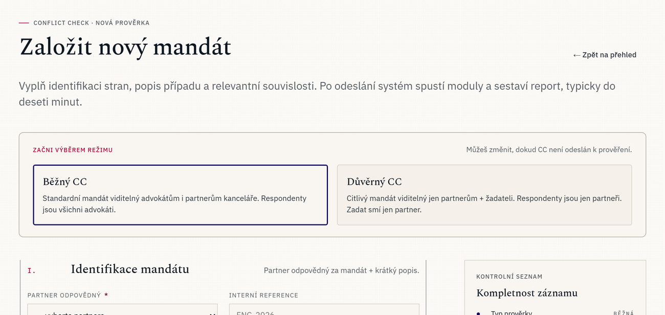 Původní návrh formuláře „Založit nový mandát