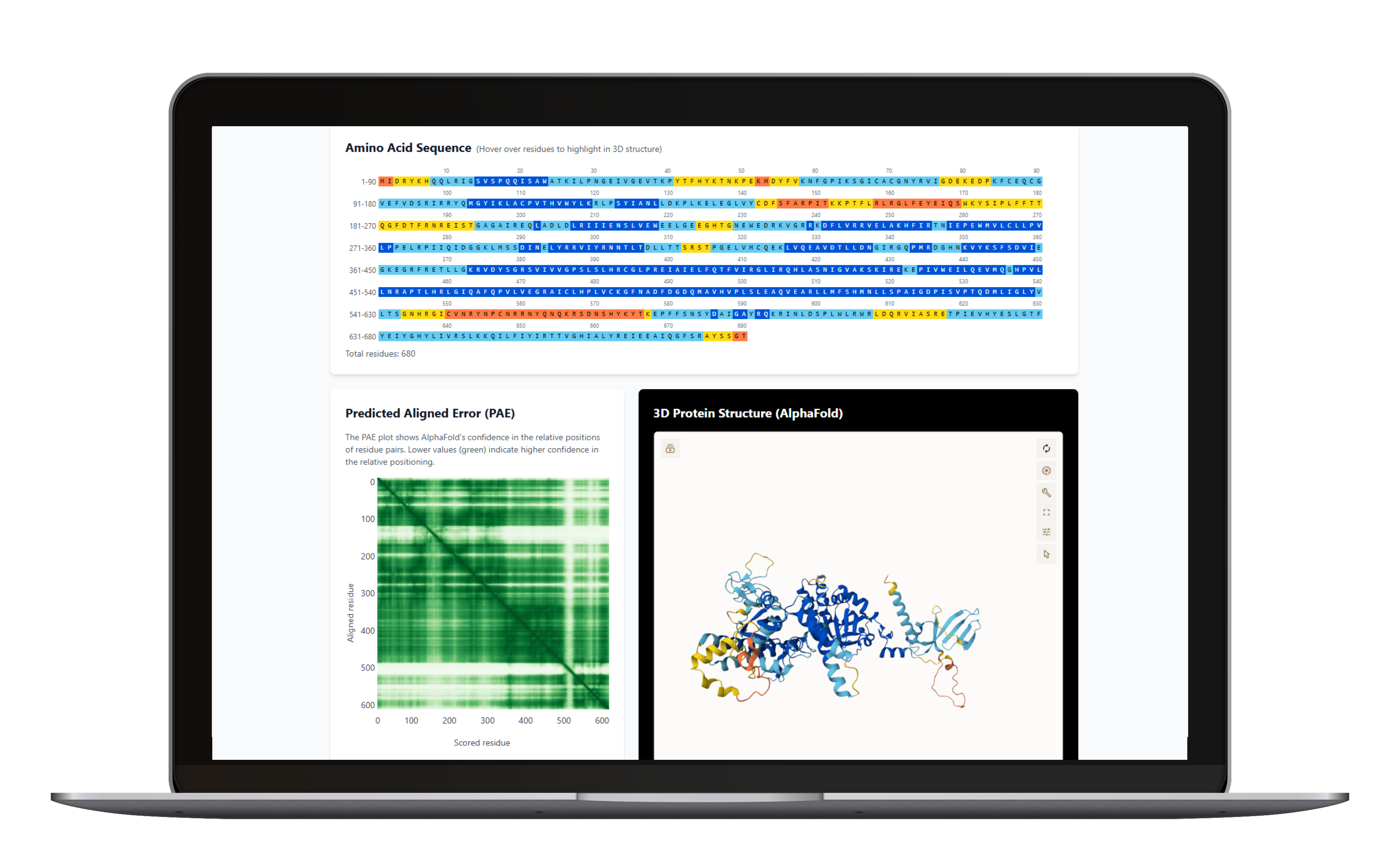 Bioinformatická platforma: baked laptop mockup s detailem proteinu — sekvence, PAE heatmap, 3D struktura.