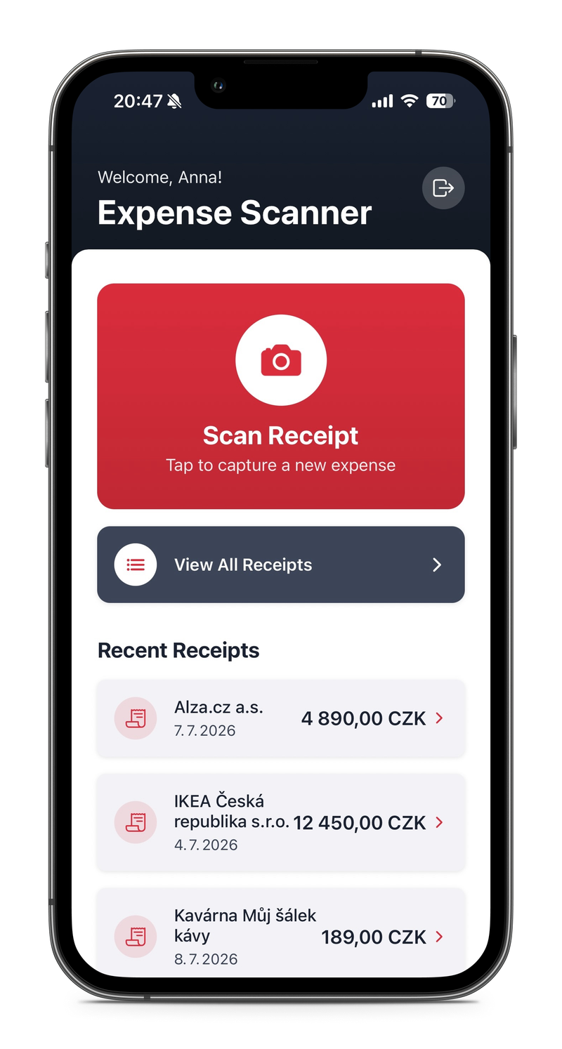 Mobilní skener účtenek: Home screen s Welcome Anna, CTA Scan Receipt a listem posledních účtenek.