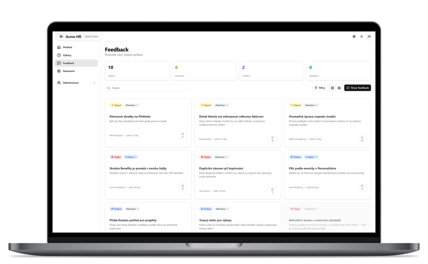 Feedback kanál v aplikaci — seznam příspěvků od uživatelů s prioritami a stavy