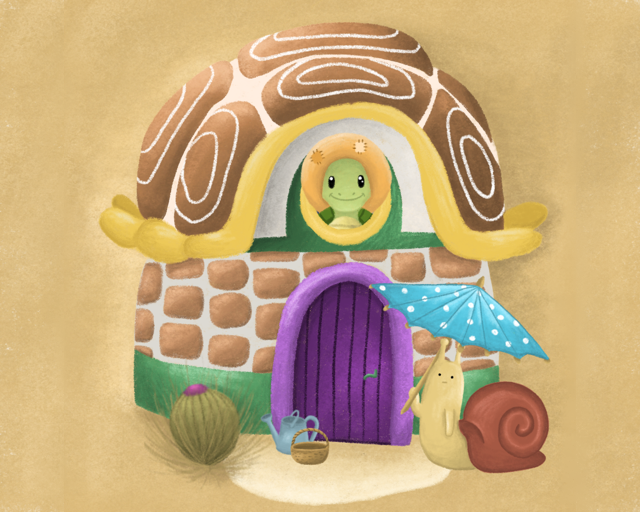 Satisfy the Snail: hlavní scéna. Domeček ve tvaru želvího krunýře s želvičkou v okně, u dveří sedí šnek se slunečníkem.