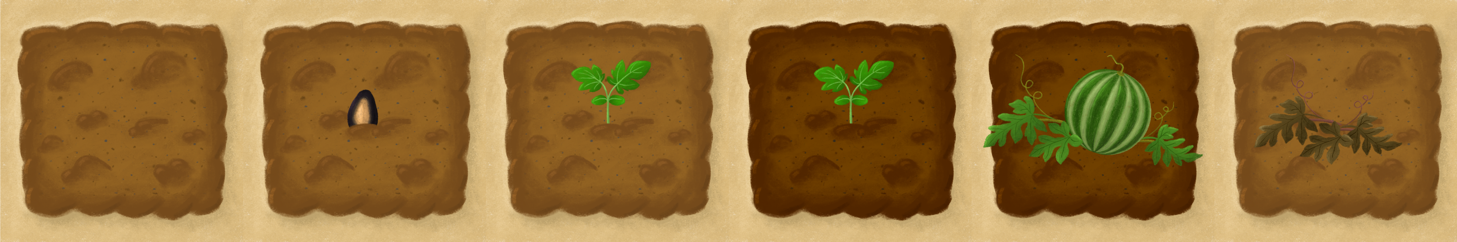 Sprite sheet melounu: 6 dlaždic růstových fází od semínko po zralý meloun s listy.