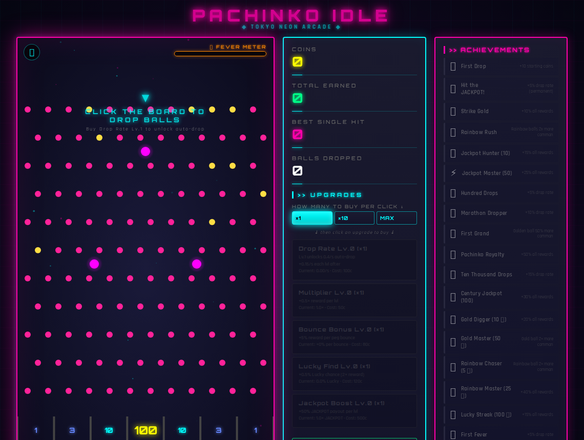 Náhled hry Pachinko Idle: neonová hrací deska s pegy a padajícími kuličkami, vpravo panely Coins, Upgrades a Achievements.